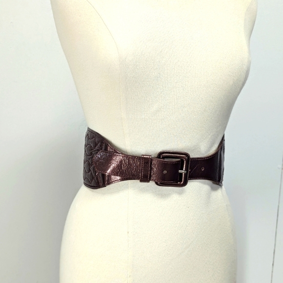 Hobo Wide Patent Leather Belt Quilted Small Buckle Dark Brown Corset Style - Picture 1 of 7